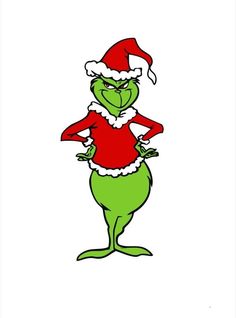 the grinch is wearing a santa hat and standing with his hands on his hips