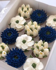 cupcakes decorated with white and blue flowers in a box