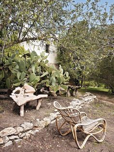 two wooden benches sitting next to each other on a dirt ground near trees and rocks