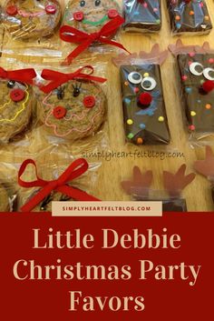 little debie christmas party favors on a table with red ribbon and reindeer cookies