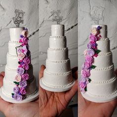 two pictures of a wedding cake with purple flowers on it, and the same one being held up by someone's hand