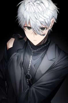 an anime character with white hair and green eyes wearing a black shirt, chain around his neck