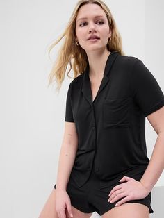 Pure Body PJ Shirt | Gap Factory Short Sleeve Tops With Button Closure For Loungewear, Casual Sleepwear With Button Closure And Short Sleeves, Collared Sleepwear With Pockets For Loungewear, Relaxed Fit Button-up Sleepwear, Casual Collared Sleepwear, Casual Black Short Sleeve Shirt, Short Sleeve Sleep Tops With Pockets, Casual Button-up Sleep Tops, Black Short Sleeve Shirt For Loungewear