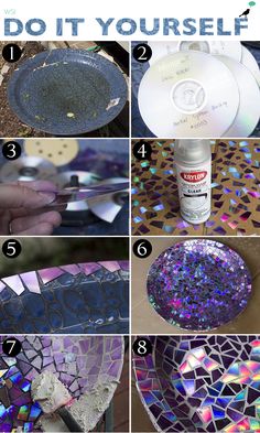 how to make a diy mosaic bowl with glass shards and glitters on it