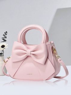 PLANEE Solid Color Women's Tote Bag, Elegant Bow Detail Handbag, Classic Shoulder Bag, Suitable For Students, Teachers, Office Ladies, Adjustable Shoulder Strap - Exudes Elegance, Trendy Bow Purse For Women Pink Cute   PU Leather Letter,Plaid,Plain Bucket Bag,Ruched Bag   Women Bags, size features are:Bust: ,Length: ,Sleeve Length: Coquette Purses, Aesthetic Purses And Bags, Trendy Bows, Bow Purse, Bow Clutch, Pink Preppy, Purse Pink, Rose Bonbon, Bow Decor