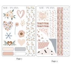 an assortment of stickers with flowers and hearts on them, including the words she plans