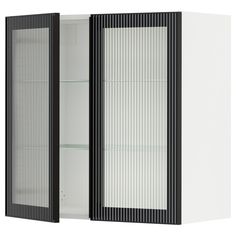 a black and white cabinet with glass doors on the front, and two shelves in the back