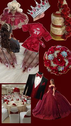 a collage of red and gold wedding decorations, including a bride's dress