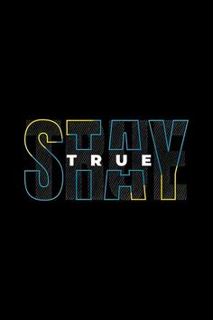 the words stay stray are painted in bright colors on a black background with an orange, yellow and blue stripe