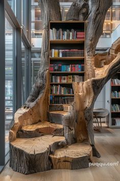 a tree stump with bookshelf and stairs in the middle of it, surrounded by glass walls