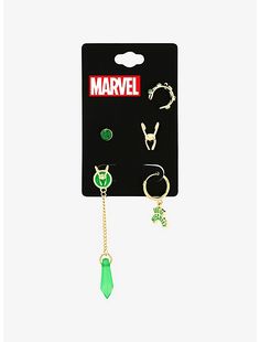 an assortment of rings and earrings hanging from a hanger on a white background with the word,'marvel '