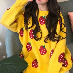 Sweater Design Ideas, Frog Girl, Mabel Pines, Kawaii Harajuku, Winter Pullover, Cute Strawberry, Strawberry Print, Stylish Sweaters, Loose Pullover