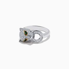 Effy 14k Signature White Gold Diamond & Emerald Panther Ring Luxury Hallmarked Round Cut Emerald Ring, White Gold Diamond Ring With 17 Jewels, Luxury White Gold Emerald Cut Jewelry, Luxury Emerald Open Ring With Vvs Clarity, Luxury Emerald Cut White Gold Jewelry, Luxury Emerald Ring With 17 Jewels For Promise, Luxury 14k White Gold Jewelry, Polished Diamond Rings Fine Jewelry, Fine Jewelry Diamond Ring With Polished Finish