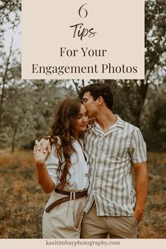 a man and woman standing next to each other with the words tips for your engagement photos