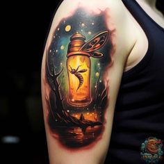 a woman with a tattoo on her arm has a lantern in the shape of a dragon