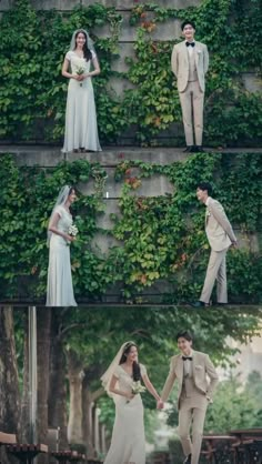 the bride and groom are posing for pictures in front of ivy covered walls with greenery