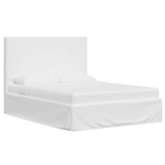 a bed with white sheets and pillows on it's headboard, against a white background