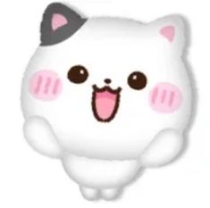 a white cat with pink cheeks and black ears on it's head is smiling