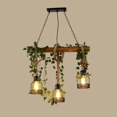 three lights hanging from a wooden beam with ivy growing on it