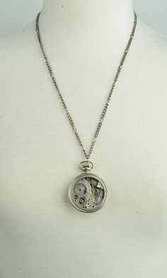 "Exposed Pocket watch necklace, sold by each, 46mm, vintage pocket watch with inside gears and mechanical movement exposed, 18\" necklace, if you would like longer specify length and we can custom size" Vintage Silver Necklace For Everyday, Silver Vintage Necklace For Everyday, Skeleton Dial Metal Jewelry As A Gift, Vintage Silver Pocket Watch As Gift, Vintage Stainless Steel Necklaces, Silver Round Pocket Watch, Vintage Skeleton Dial Jewelry As Gift, Vintage Metal Pocket Watch Nickel Free, Timeless Silver Metal Pocket Watch