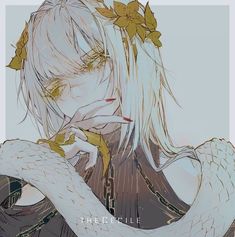 an anime character with white hair and gold leaves on her head