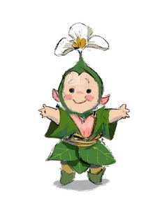 a drawing of a little elf with a flower on her head and hands in the air