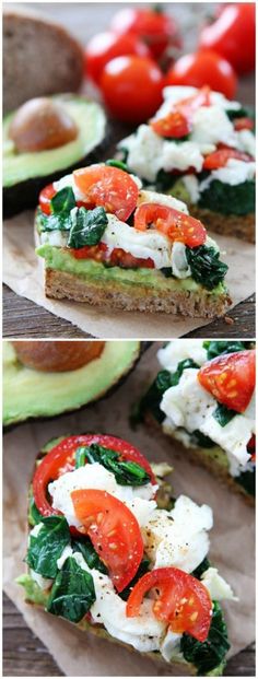 an avocado sandwich with tomatoes, spinach and mozzarella on it