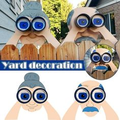 an image of three cartoon figures with blue eyes and one is looking through the fence