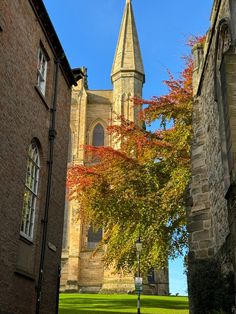 an old building with a tall tower next to a tree