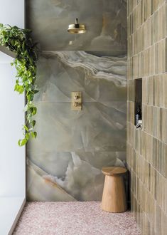 a bathroom with a marble wall and plant in the corner, along with a wooden stool