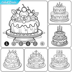 coloring pages for birthday cakes with the number one on each tier and four different layers