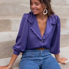 F00134185-105 Purple Shirt Outfit, Blouse Styling, Pleated Chiffon Blouse, Orchid Purple, Casual Shirt Women, Ruffles Fashion, Purple Blouse, Women's Blouses, Purple Shirt