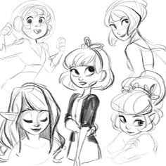 some cartoon girls with different expressions and hair styles, all drawn in one point perspective