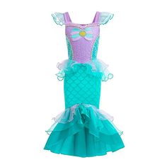 Dive Into A World Of Enchantment With Our Mermaid Princess Dress! This Stunning Outfit Features A Beautiful Purple Seashell Bodice Adorned With Sequins, Delicate Ruffled Off-The-Shoulder Sleeves, And A Shimmering Turquoise Mermaid-Style Skirt. The Detailed Scale Pattern And Layered Tulle Skirt With Floral Accents Bring The Magic Of The Sea To Life. Perfect For Playtime, Costume Parties, Or Special Occasions, This Dress Will Make Your Little One Feel Like A True Undersea Princess. Mermaid Princess Dress, Purple Seashell, Princess Ariel Dress, Ariel Cosplay, Mermaid Cosplay, Sara Dress, Ariel Dress, Layered Tulle Skirt, Scale Pattern