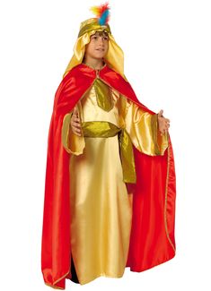 a little boy dressed up in a costume with a red cape and gold cloak on his head