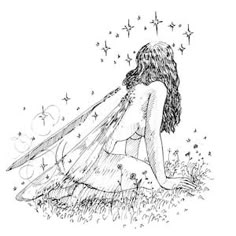 a drawing of a woman sitting in the grass with stars coming out of her back