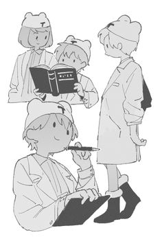 three people standing next to each other while one person holds a book