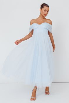 Dreamers & Lovers Off-Shoulder Maxi Dress Powder Blue by Selfie Leslie Protocol Dresses, Blue Off Shoulder Dress, Blue Selfie, Pale Blue Dress, Powder Blue Dress, Light Blue Bridesmaid, Blue Tulle Dress, Sweet 17, Dressy Dress