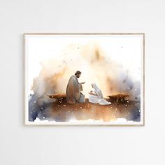 a watercolor painting of two people sitting in front of a nativity scene with the baby jesus