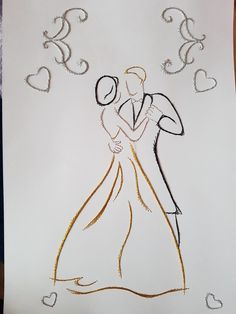 a drawing of a bride and groom holding each other with hearts coming out of them