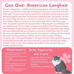 a flyer with an image of a cat sitting on top of a pink background and text that reads gen one american longhair