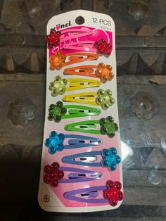 Scunci Multicolored Hair Clips w/ Flowers, 12 Pcs, #23019-A Bubble Hair Clips, Crazy Hair Accessories, Decora Kei Accessories, 2000s Hair Clips, Colourful Hair Clips, Kidcore Accessories, Decora Accessories, Colorful Hair Clips, 2000s Accessories