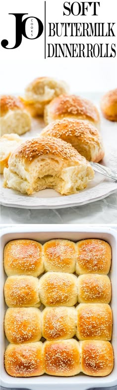 buttermilk dinner rolls in a baking dish and on a plate with the recipe