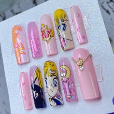 Sailor Moon Nail Art Design, Sailor Moon Nails Art, Sailor Moon Press On Nails, 90s Cartoon Nails Acrylic, Adventure Time Nails, Pokemon Nails, Character Nail Art