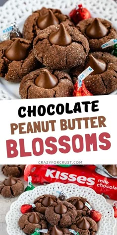 chocolate peanut butter blossom cookies on a plate with candy bars in the background and text overlay that reads, chocolate peanut butter blossoms