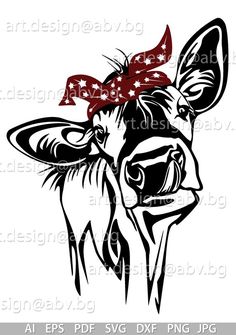 a cow with a red bow on it's head is shown in black and white