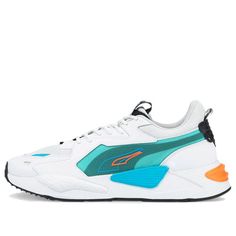 PUMA Rs-X Split Athleisure Casual Sports Shoe Unisex White Blue Green 'White Blue' 383409-02 (SNKR/Retro/Non-Slip/Shock-absorbing) Technical Blue Running Sneakers, Blue Technical Running Sneakers, Sporty Light Blue Sneakers For Jogging, White Athleisure Sneakers With Athletic Fit, White Athleisure Sneakers, Blue Technical Running Shoes For Sports, Blue Synthetic Sneakers For Athleisure, Technical Blue Running Shoes For Sports, White Functional Activewear For Light Sports