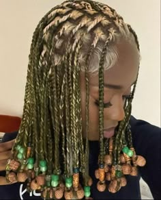 Boho Hair Styles For Black Women, Soft Locs With Jewelry, Summer Hairstyle Ideas For Black Women, Fine Cornrows Braids, Cielcore Aesthetic, Olive Green Knotless Braids, Braided Beaded Hairstyles, Twists And Braids Hairstyles, Dark Green Braids For Black Women