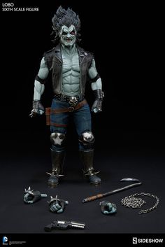 the action figure is shown with accessories for his role as he stands in front of a black background