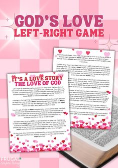 an open book with hearts on it and the words god's love left - right game